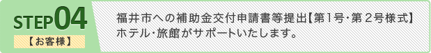ステップ4 【お客様】福井市への補助金交付申請書等提出【第1号・第2号様式】
ホテル・旅館がサポートいたします。